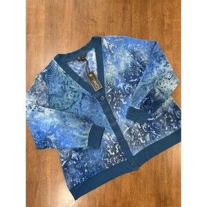 DG2 Diane Gilman Royal Blue Multi Clipped Jacquard Knit Cardigan Sweater NWT 1X